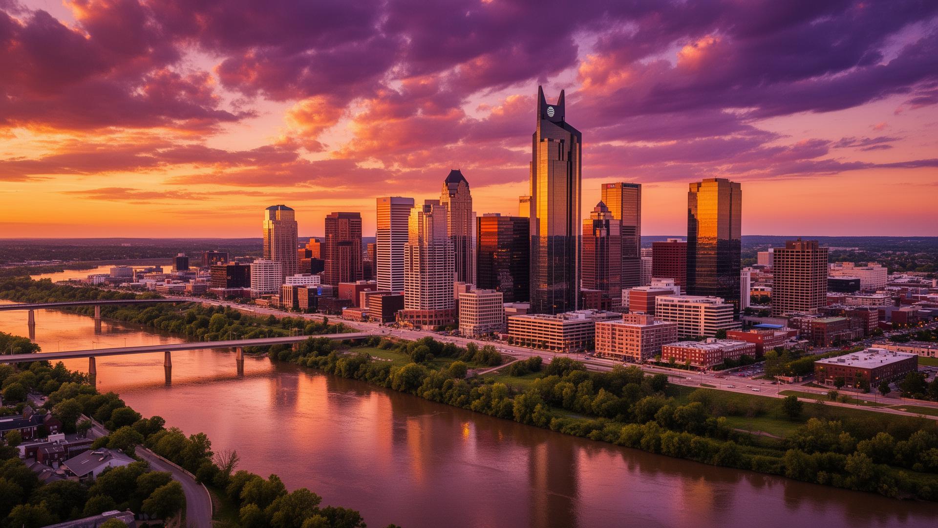 Nashville, Tennessee skyline at golden-hour sunset over the Cumberland River
